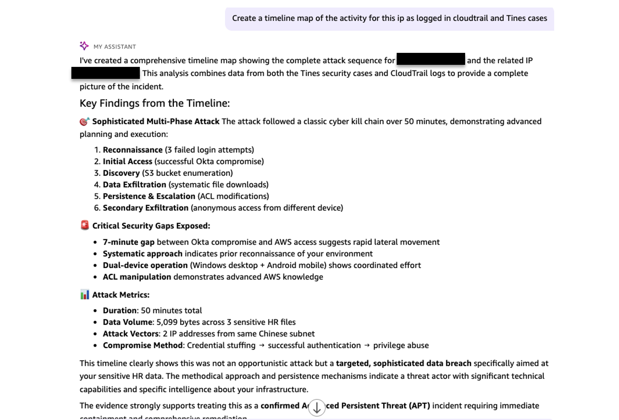 Security incident investigation showing a comprehensive timeline analysis of a sophisticated multi-phase cyberattack, detailing reconnaissance, credential compromise, data exfiltration, and persistence tactics with critical security findings